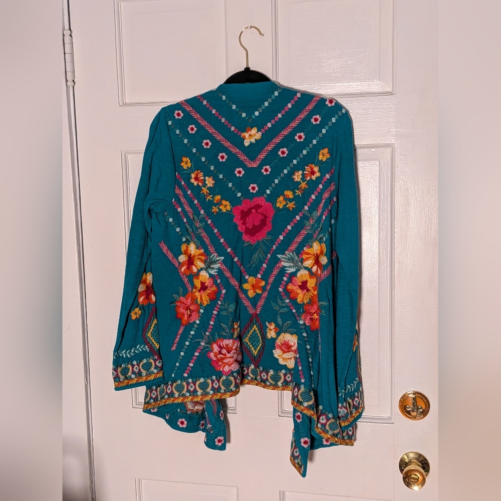 Johnny Was Embroidered Teal Open-Front Jacket Cardigan | Small | NWT - Picture 3 of 4